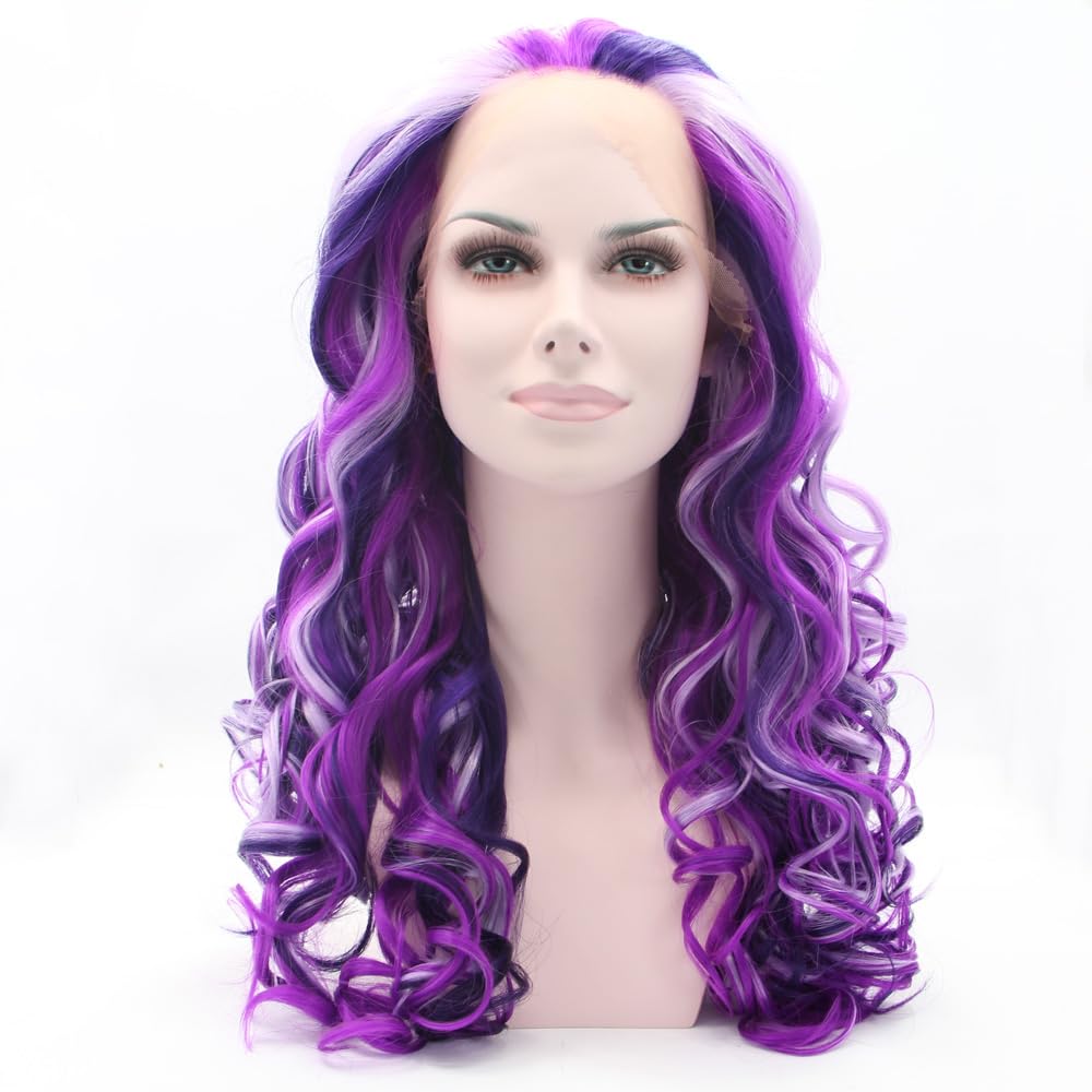 Xiweiya Wigs Piano Color Highlight Purple Hair Mixed Light Purple Dark Purple Synthetic Lace Front Wig 13x3 Lace Natural Hairline Heat Resistant Fiber for Fashion Women,Drag Queen Cosplay Wigs