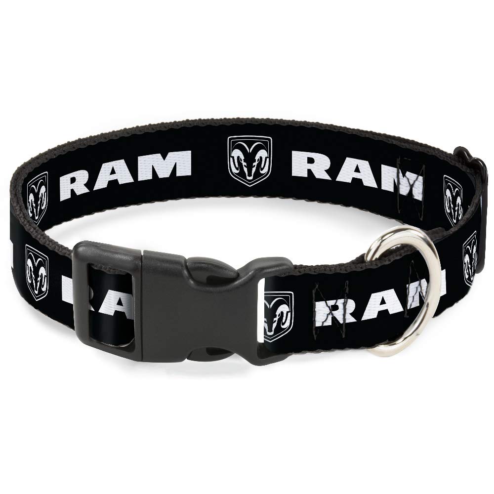 Dodge Pet Collar, Dog Collar Plastic Buckle, Ram Shield Logo Bold Text Black White, 15 to 24 Inches 1.0 Inch Wide