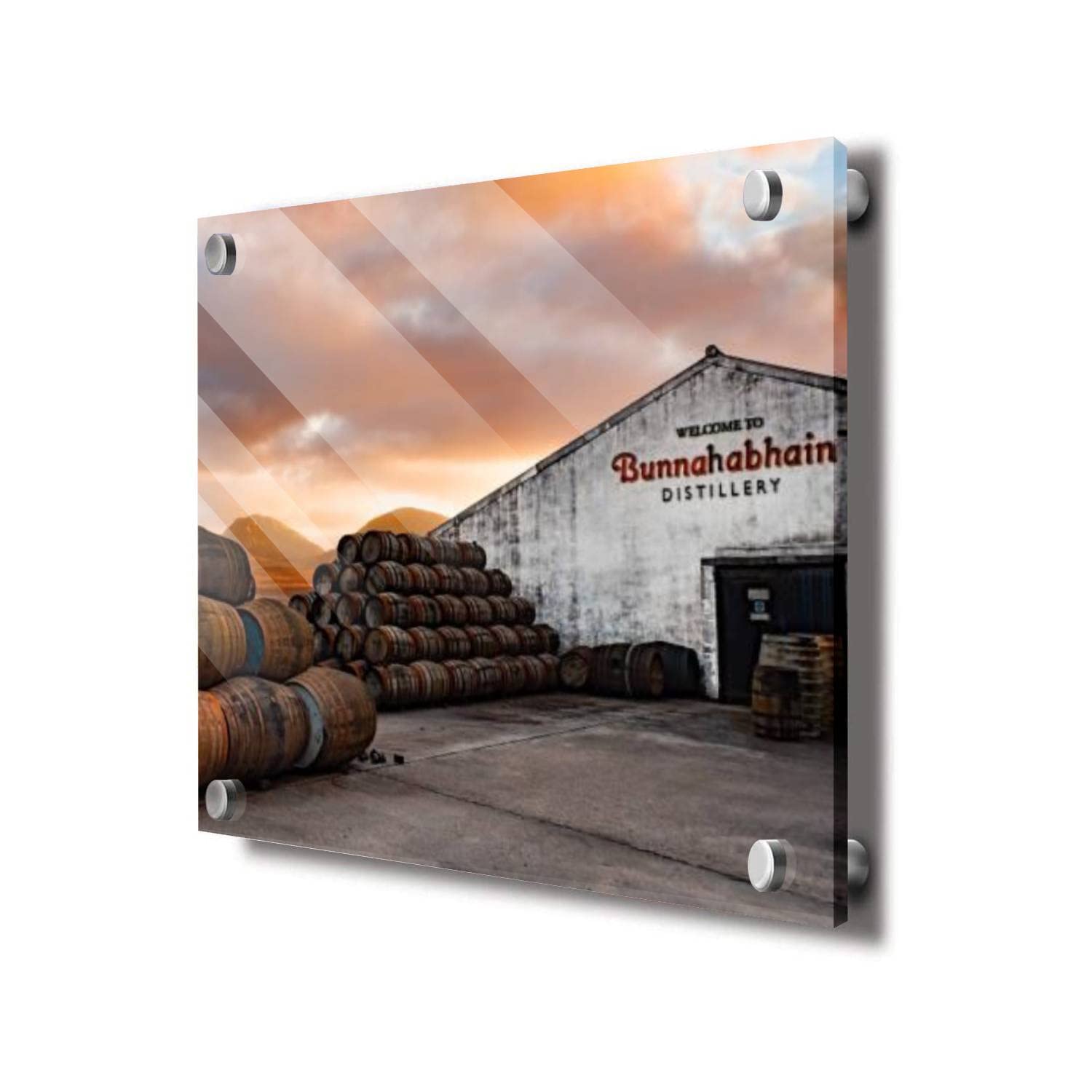 Acrylic Glass Wall Art Bunnahabhain distillery Islay Scotland Wall Decor Large Floating Glass Printing for Bathroom Living Room Office Walls Vivid Home Decor 16" x 16"
