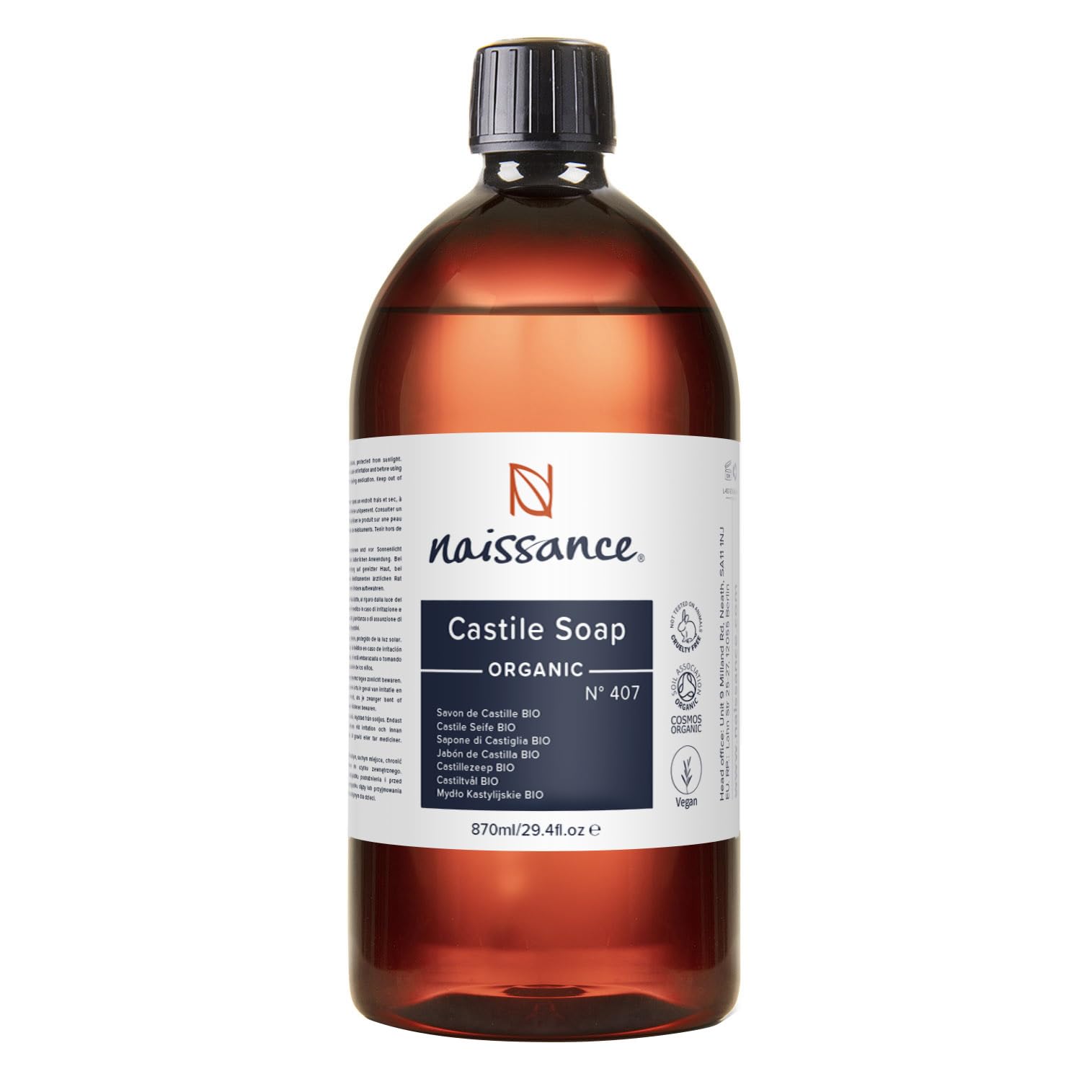 Naissance Natural Certified Organic Fragrance Free Liquid Castile Soap (no. 407) 1 Litre - Vegan, SLS and SLES Free