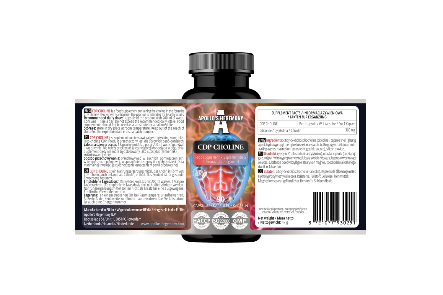 Colina CDP 300 mg - Citicolina 90 capsule vegane - 3 mesi di fornitura - colina lipidica - integratore nootropico ad alta potenza per migliorare la memoria e la concentrazione - da Apollo's Hegemony