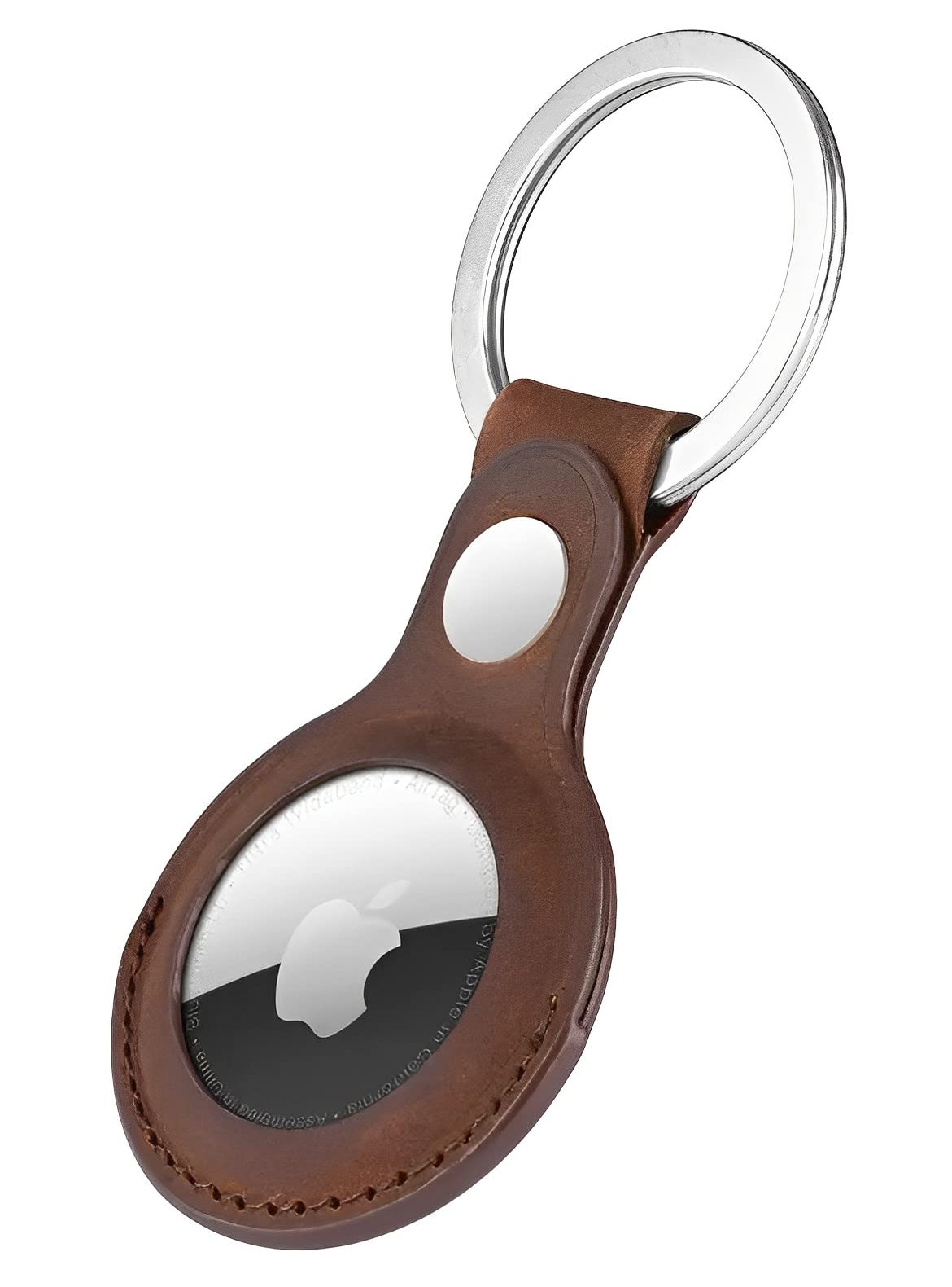 Genuine Leather AirTag Keyring Holder for Apple AirTags. Anti-Lost, Scratch-Resistant Secure Key Ring Case for Key, Dog/Cat Collar, Luggage, Bag. Protective Air Tag Keychain Cover Accessory (Brown)