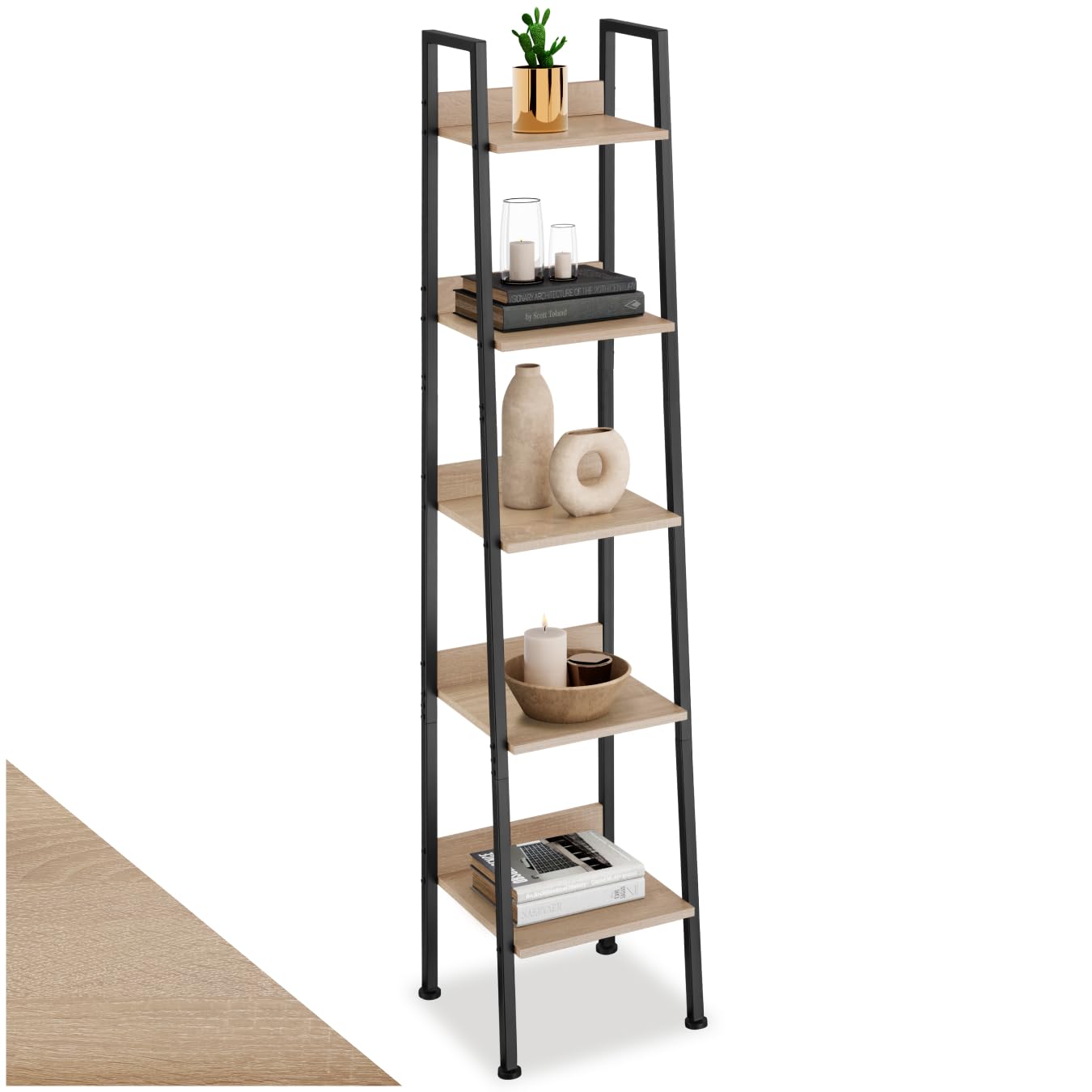 tectake® Leiterregal mit 4/5 Ebenen, schmales Regal, Standregal, Nischenregal, Möbel für Arbeitszimmer, Badezimmer Regal, Bücherregal Wand, 35,5 x 31,5 x 170,5 cm - Industrial Holz hell, Eiche Sonoma