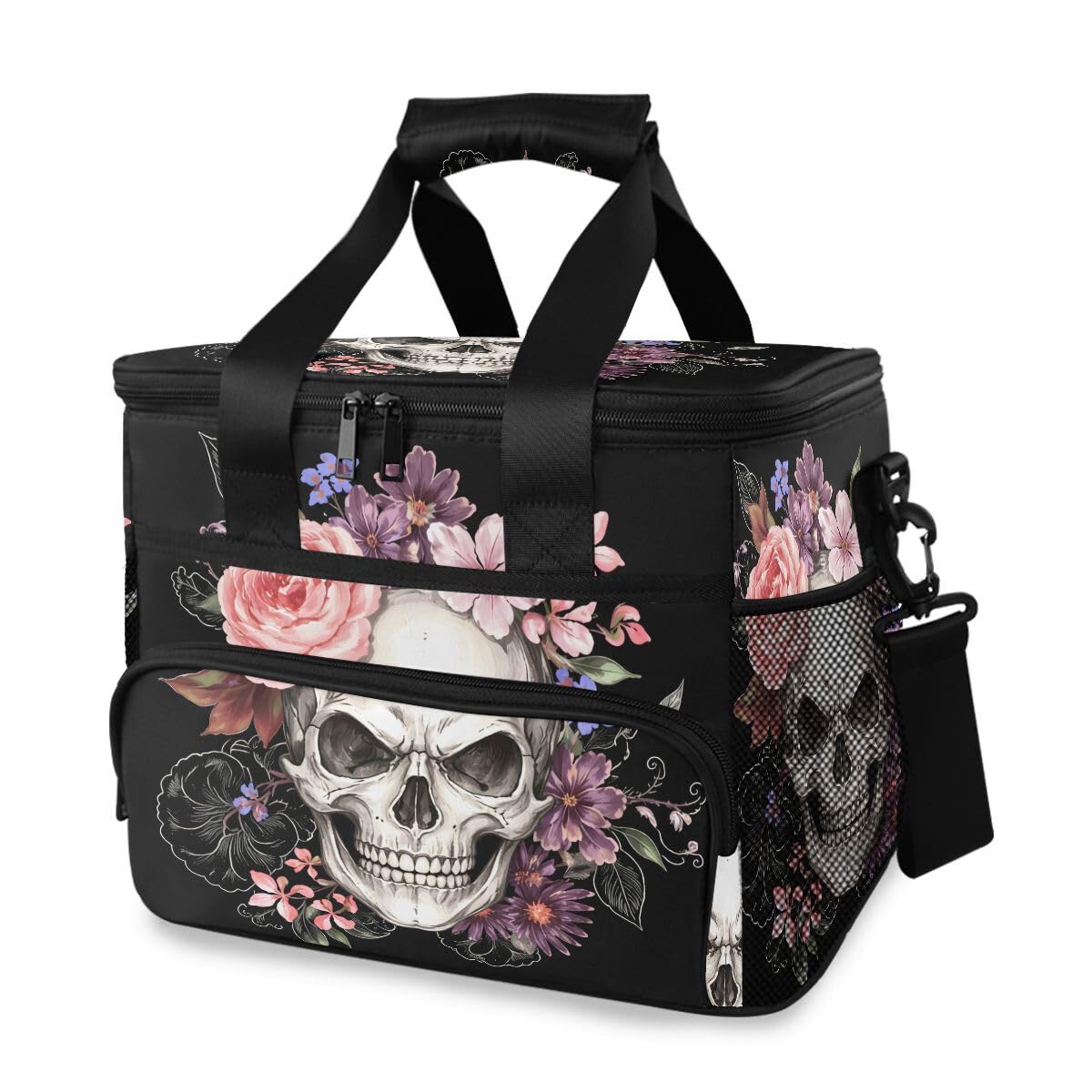 ALAZA Sugar Skulls Rose Große Kühltasche Lunchtasche wasserdichte Kühltasche für Camping, Picknick, Grill, Familie Outdoor-Aktivitäten Large Multi02