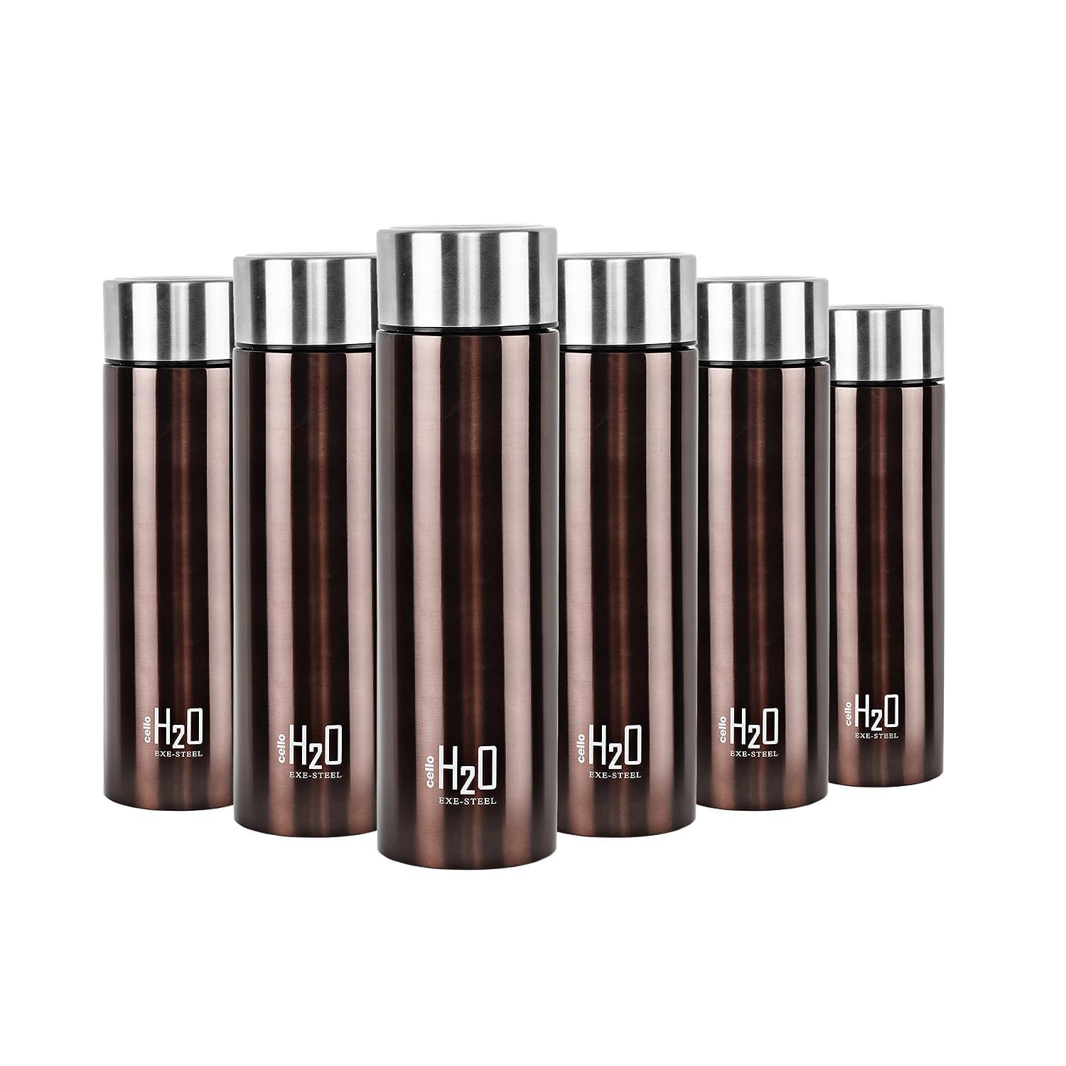 CELLO H2O Stainless Steel Water Bottle for Office & Daily Use Set of 6 Pcs, 1000 ml Brown | Single Wall Freezer & Fridge Safe, Lightweight Leakproof Rustproof Steel Water Bottle for School Gym Travel