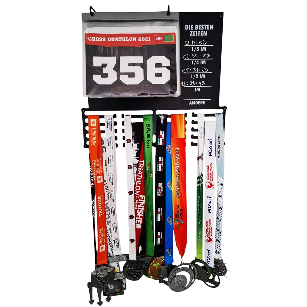 Porte-médailles de triathlon avec pochettes pour dossard – Les meilleurs temps – Support pour médailles de triathlon et records personnels (1/8, 1/4, 1/2, Ironman) – Cadeau pour triathlète