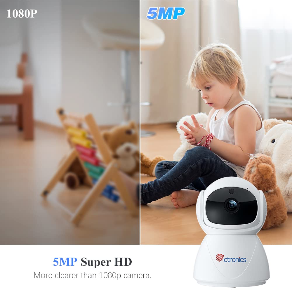 Ctronics 5MP Camara Vigilancia WiFi Interior, 2.4/5GHz WiFi & Bluetooth IP Camara de Seguridad, Detección Humano/Seguimiento Automático, PTZ 355°/ 90°, Visión Nocturna IR, Audio Bidireccional, FTP