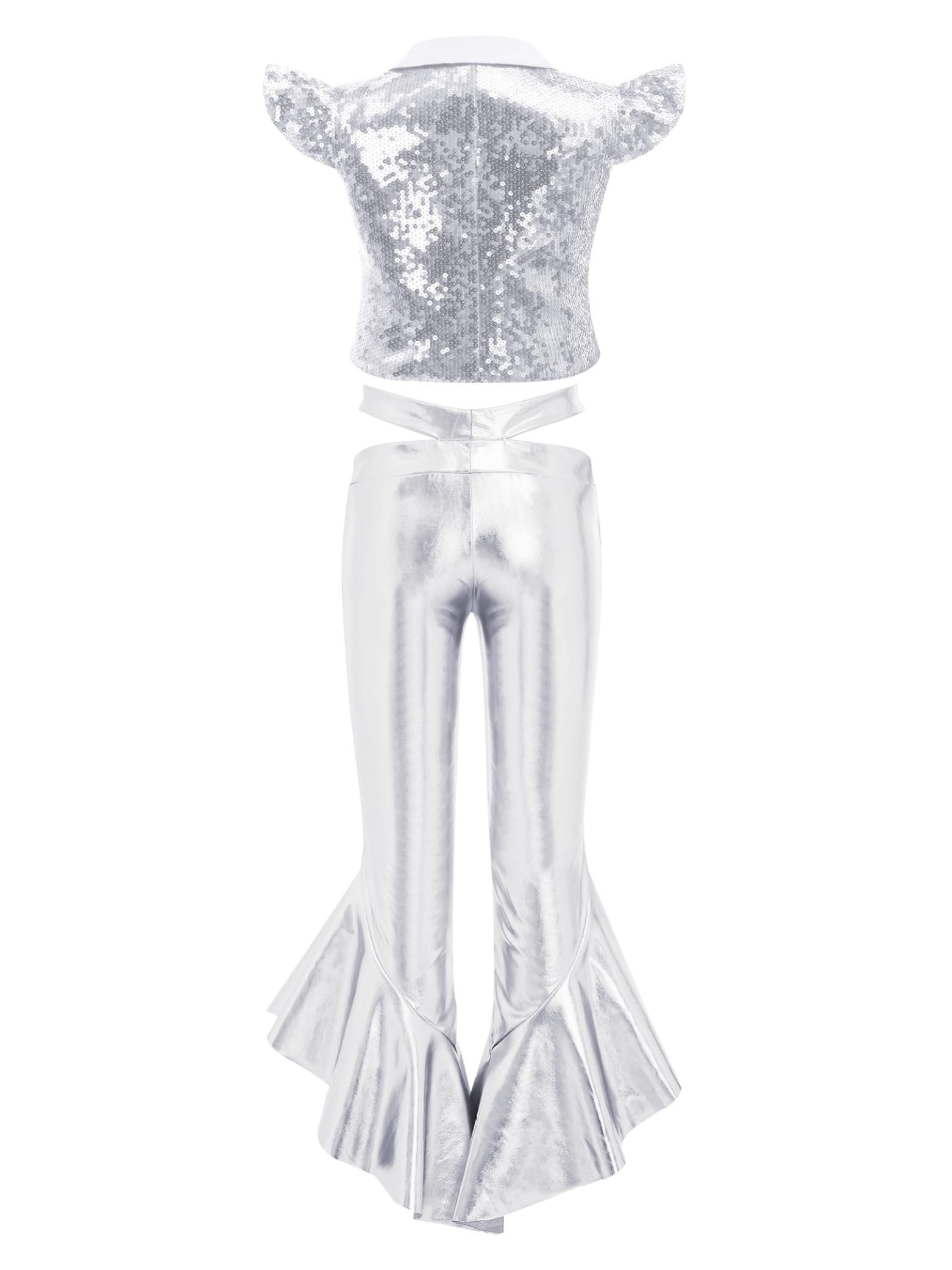 Jugaoge Mädchen Sommer Glitzer Crop Top Weste Kurzarm Shirts mit Rüschen und Lange Hose Slim Fit Leggings Ausgestellt Jazz Pants 2-Teillig Hochzeit Party Kleidung Set