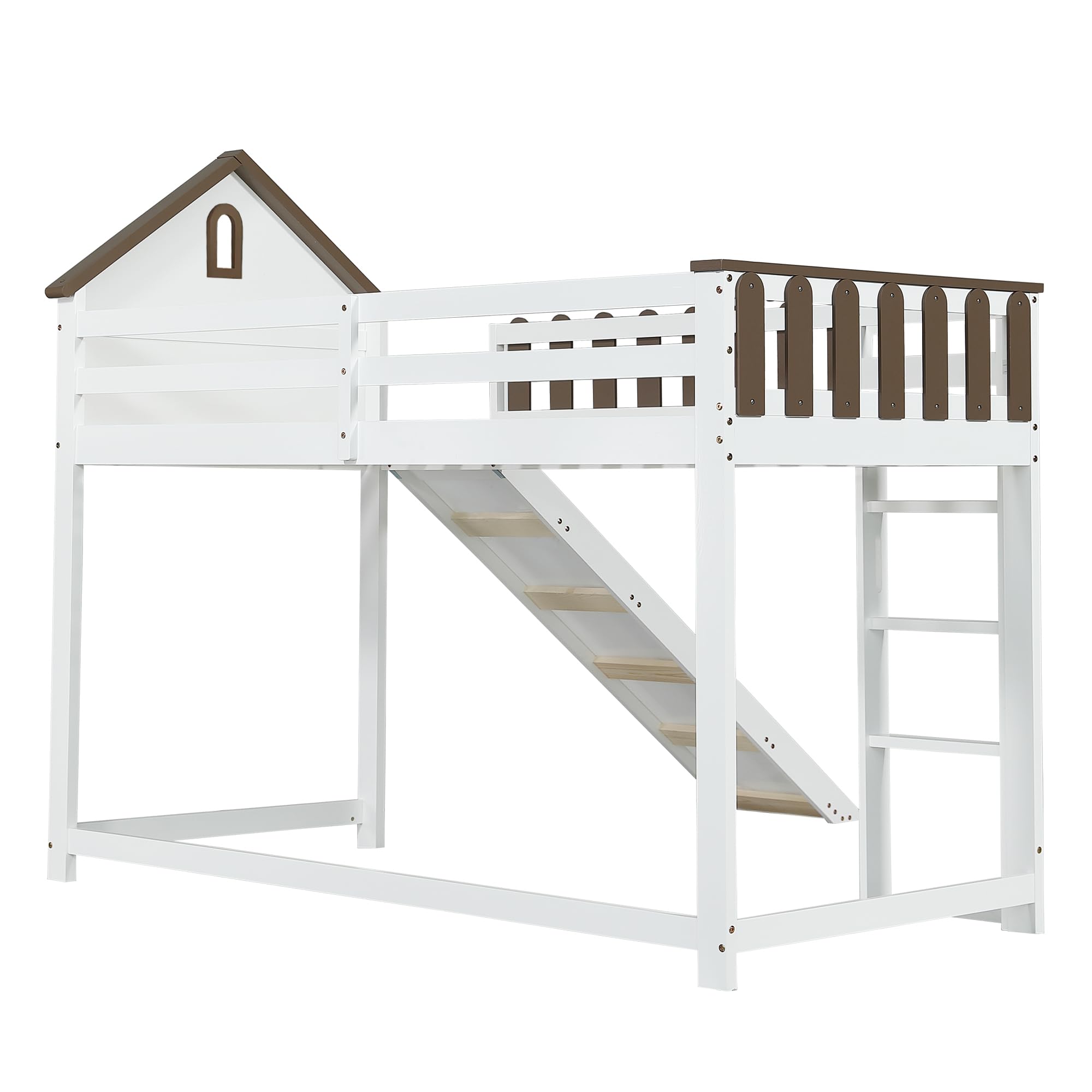 Hochbett, Mit Dach und Fenster, Mit dreistufiger gerader Leiter, Jugendbett, Kinderbett mit Rutsche, Kiefer+MDF, Weiß+Walnuss, 90x200cm