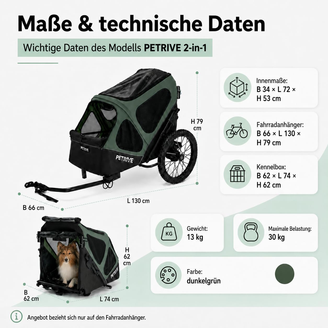 Przyczepa rowerowa 4 w 1 dla psów, wózek dla psów, duży transporter do 30 kg, PETRIVE