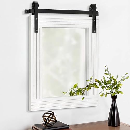 Miniatura 10 de AAZZKANG Espejos para pared, espejo rústico para puerta de granero con marco de madera, espejo rectangular para baño estilo granja, espejo colgante