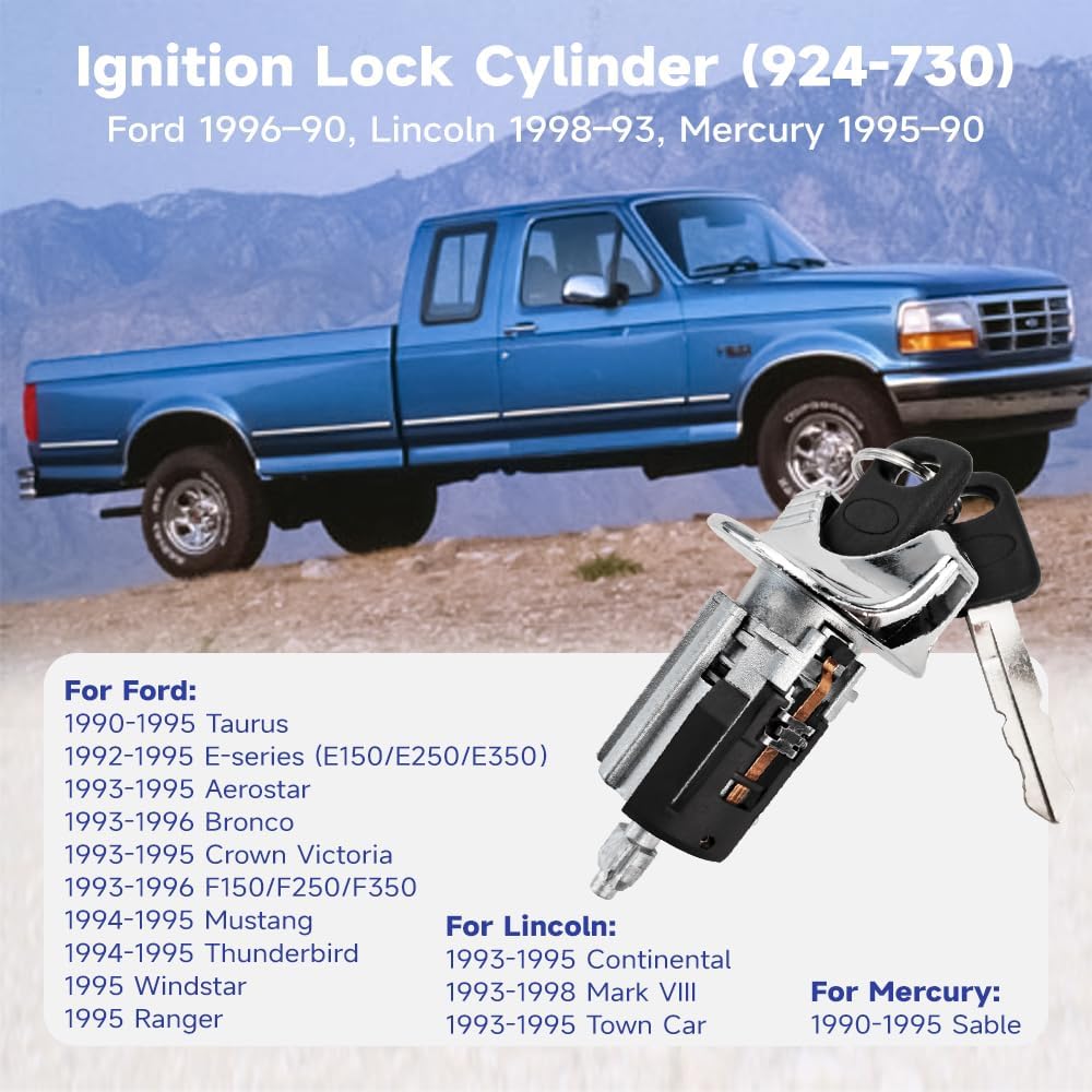 924-730 Ignition Switch Lock Cylinder with Keys Compatible with Ford 1992-1996 F150/250/350, E150/250/350 ǀ Lincoln 1993-1998 ǀ Mercury 1990-1995, Replaces #US-176LT C-42-150