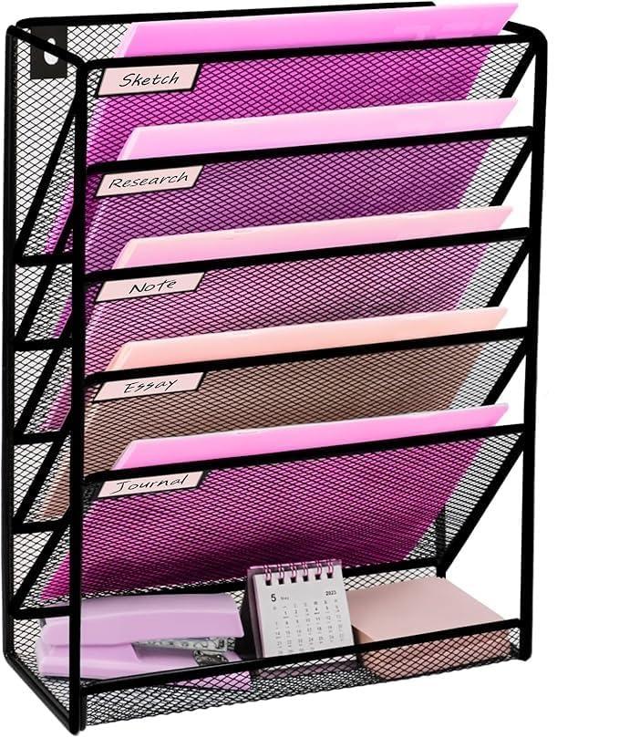 Kresal Wall mount 5 Compartment 5 Layer Metal Newspaper Storage Holder Stand Rack Wall Mounted Floating Bookshelves Document File Stand Desktop Organizer Book Shelf Magazine Rack