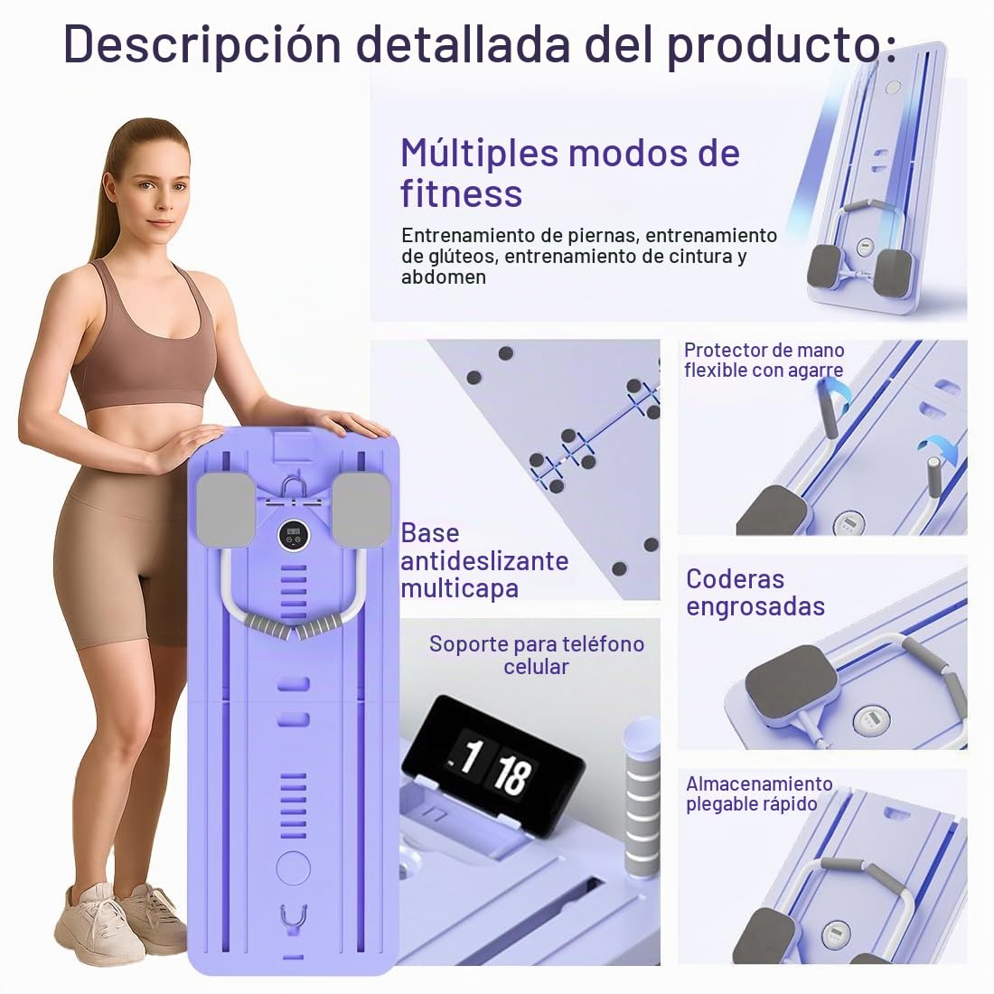 Tabla de Pilates multifuncional, tabla de pilates, tabla de abdominales, para fitness en casa y ejercicio completo, PP+TPE+EVA+hierro, con barra yoga, 2 bandas elásticas, asas push-up
