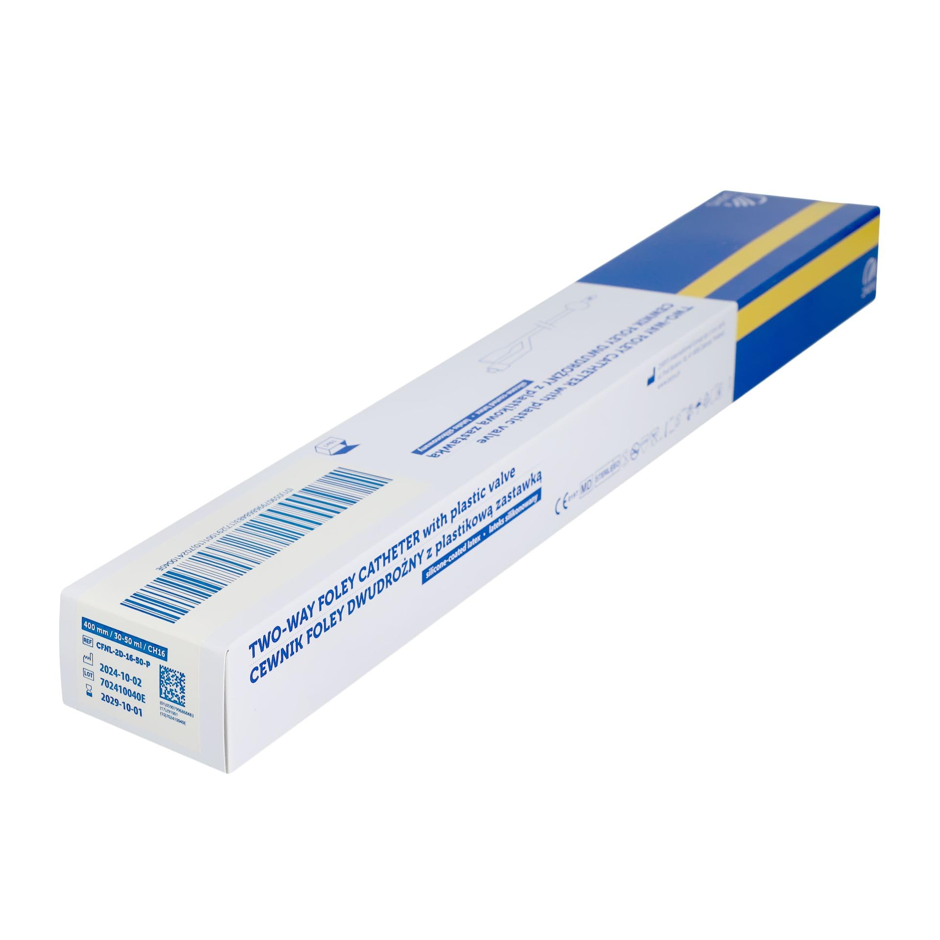 Sonda Foley a due vie con valvola in plastica CH 16 (lattice rivestito in silicone), sterile, senza ftalati, palloncino da 30 a 50 ml
