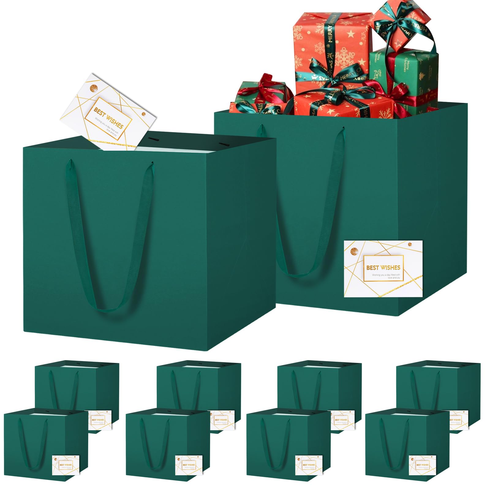 LVNRIDS 10 PCS Large Gift Bags Green 30x30x30cm, Square Extra Large Paper Gift Bag with Cards for Christmas Presents Cake Bouquets Wedding Party Small Business