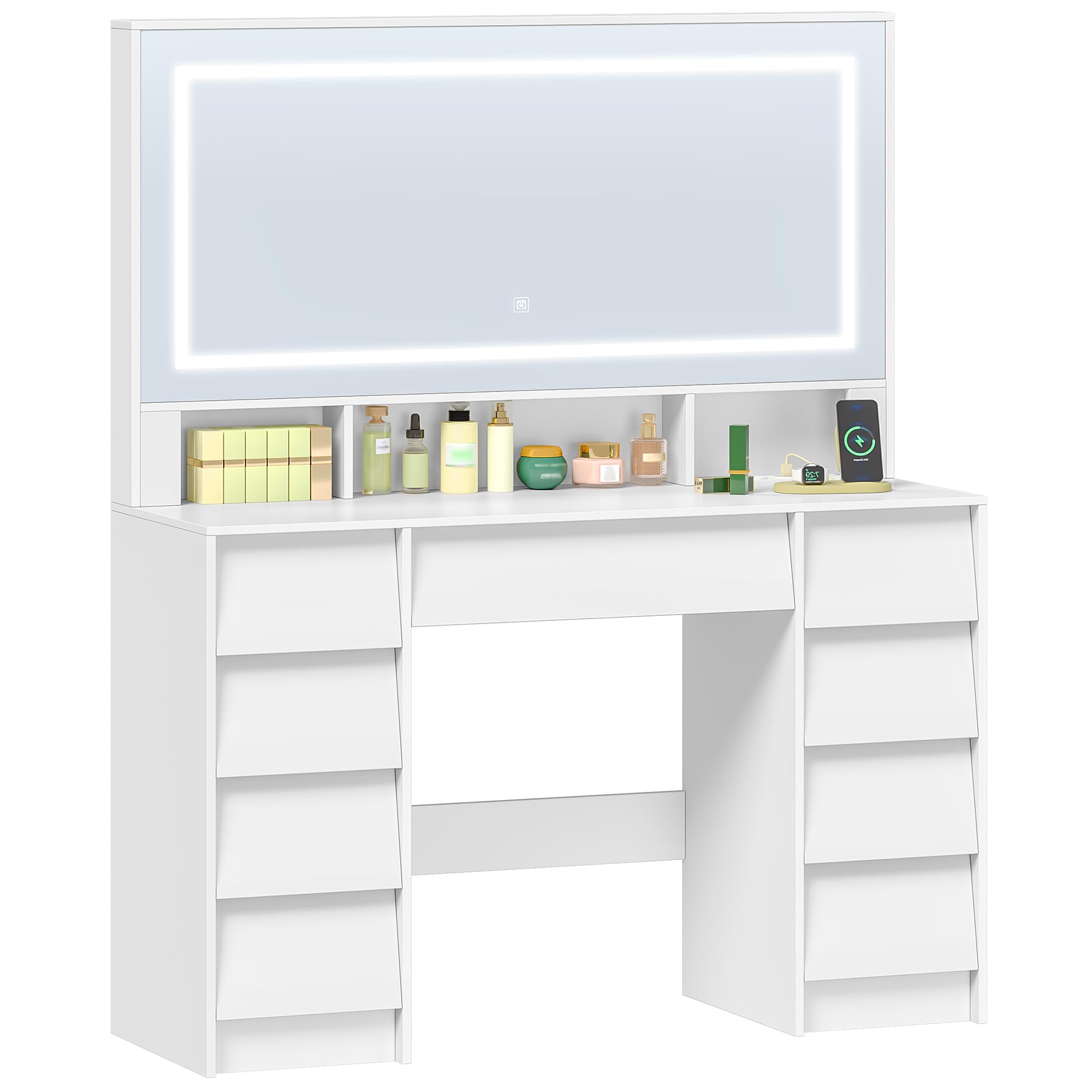 Hzuaneri Coiffeuse avec Miroir, Grande Coiffeuse avec Éclairage LED, Multiprise, Vanity Table avec Rangement 9 Tiroirs et 3 Espaces Ouverts, Chambre, Style Moderne, Blanc 1180303XEU