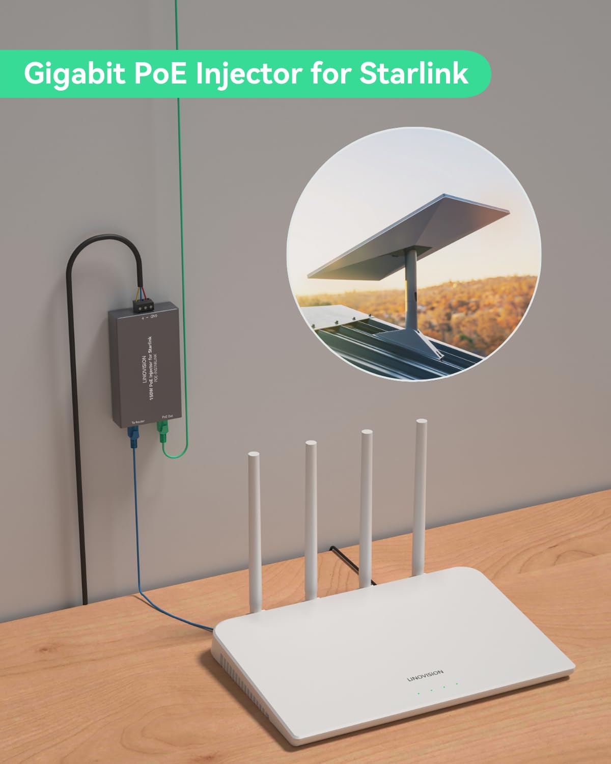 LINOVISION Injecteur PoE Haute Puissance 150W Full Gigabit pour Starlink avec Entrée 48-57V / 3A 10/100/1000M