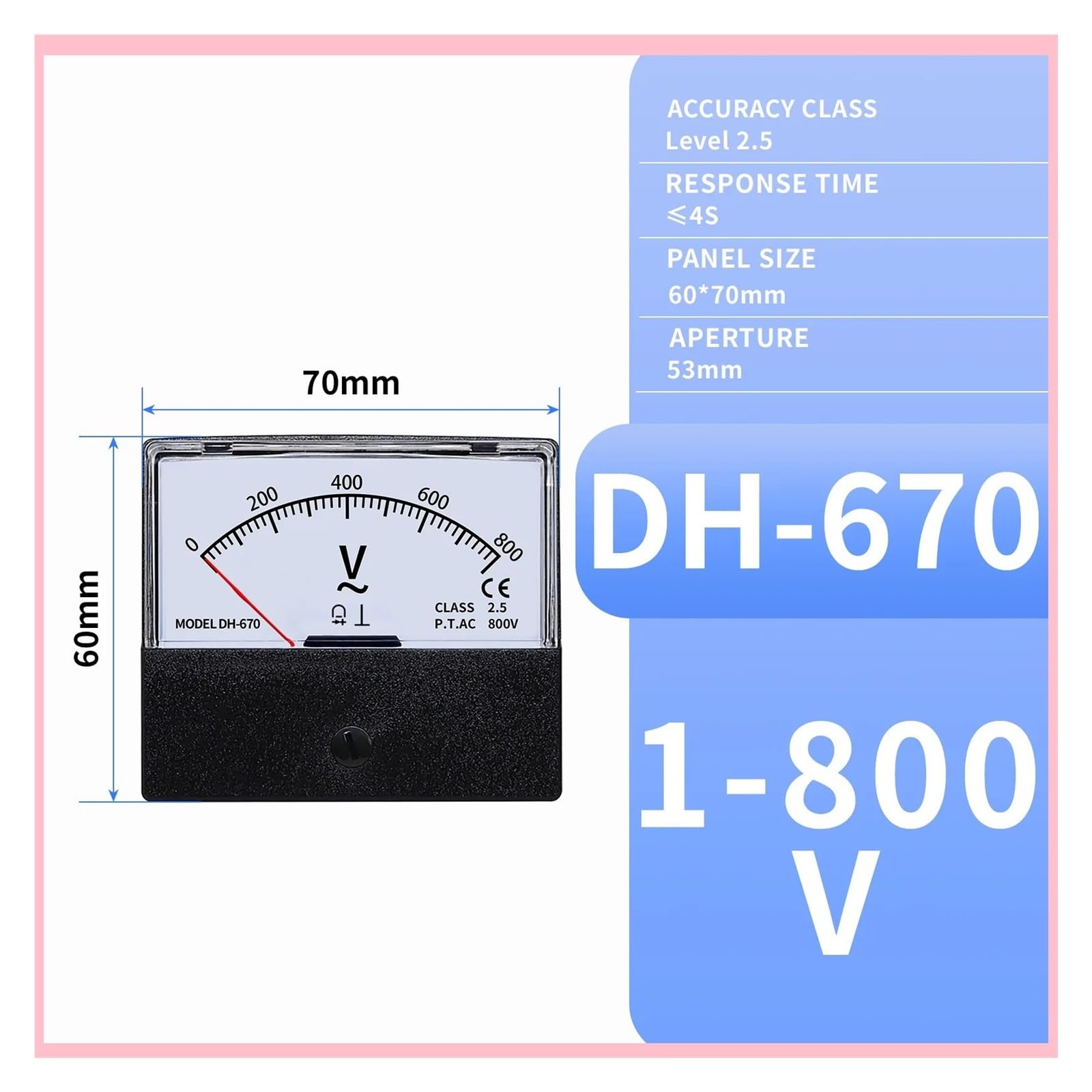 Instrumentos de panel de corriente analógica, Analógico DC/AC Voltímetro Amperímetro Panel Medidor DH-670 5V a 600V 60x70x53mm(DH670 AC,500V)