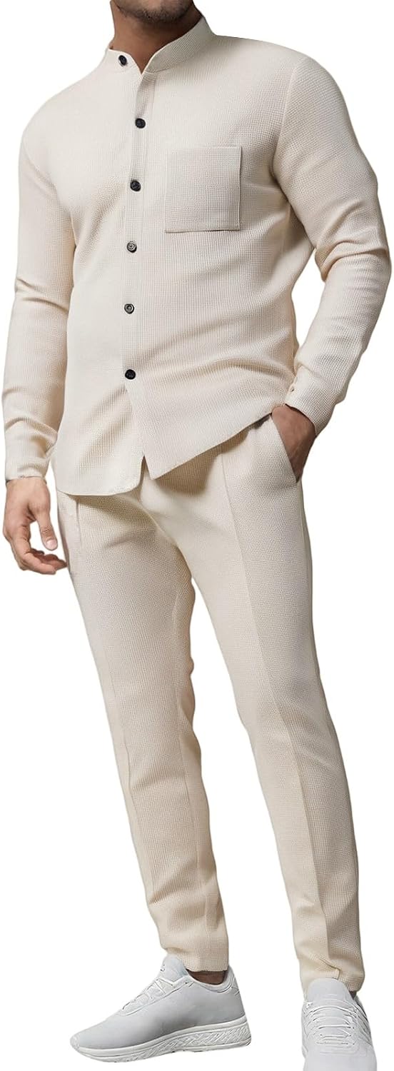 Men's Waffle Long Sets 2 Pieces Stand Collar Button Down Shirts and Trousers Solid Color Costume Casual Tracksuit Plus Size