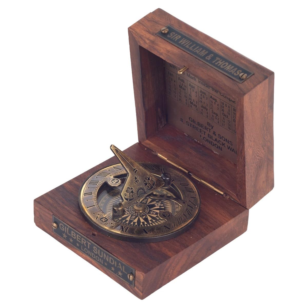 Brújula con Reloj de Sol de Latón en Caja de Madera, 8 cm, Signes Grimalt