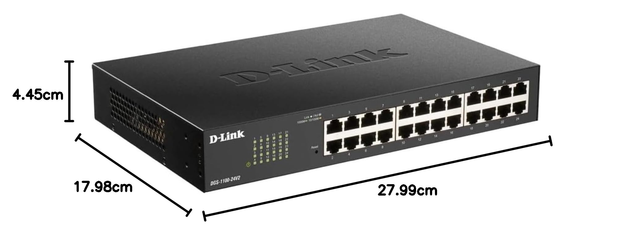 D-Link DGS-1100-24V2, Switch Smart 24 puertos Gigabit, RJ-45, Gestión web, Layer 2, VLAN, sobremesa, sin ventilador, IGMP Snooping, VoIP VLAN, QoS, Seguridad red, montaje rack; sin ventilador, Green