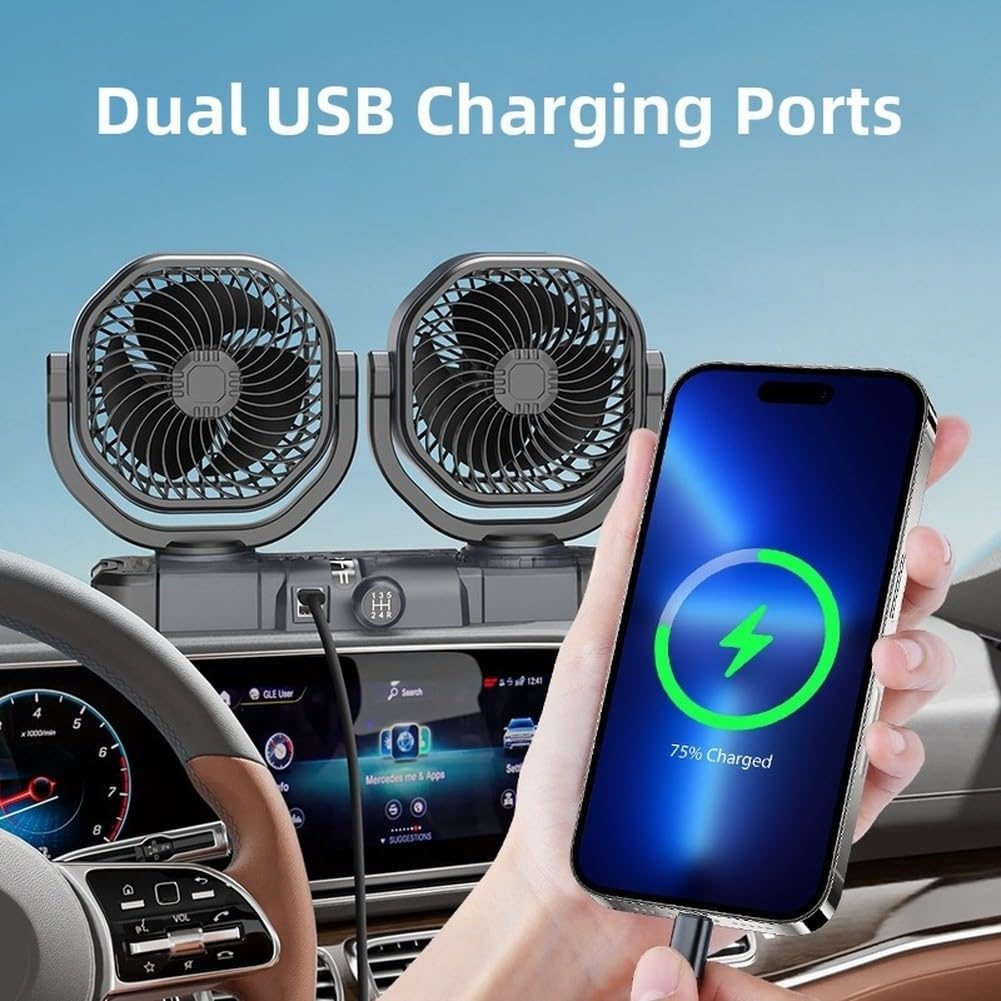 Ventola per auto a doppia testa, 12 V, 24 V, con presa di alimentazione USB e potente raffreddamento (C)