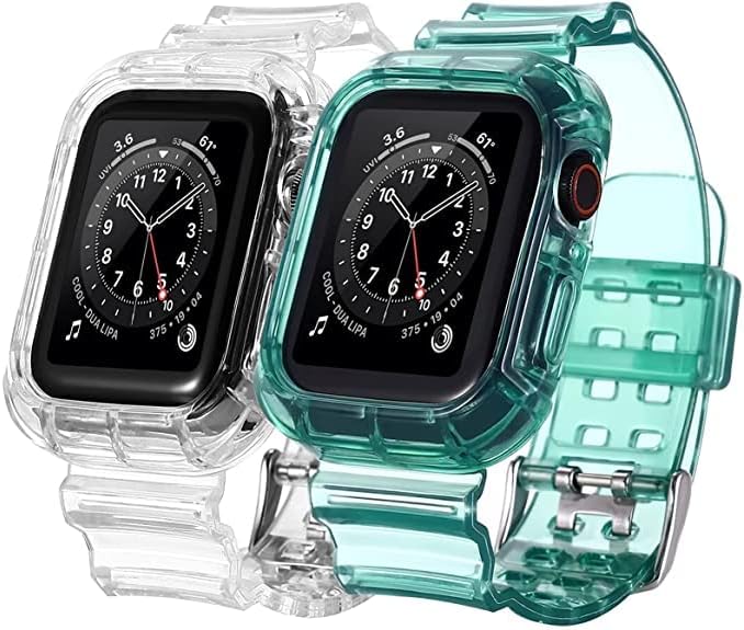 [2 PACK] Bands Compatible with Apple Watch Bands 45mm 44mm 42mm 41mm 40mm 38mm for Women Men, Transparent Clear Sports iWatch Bands with Bumper Case Replacement for Apple Watch SE & iWatch Series 7 6 5 4 3 2 1