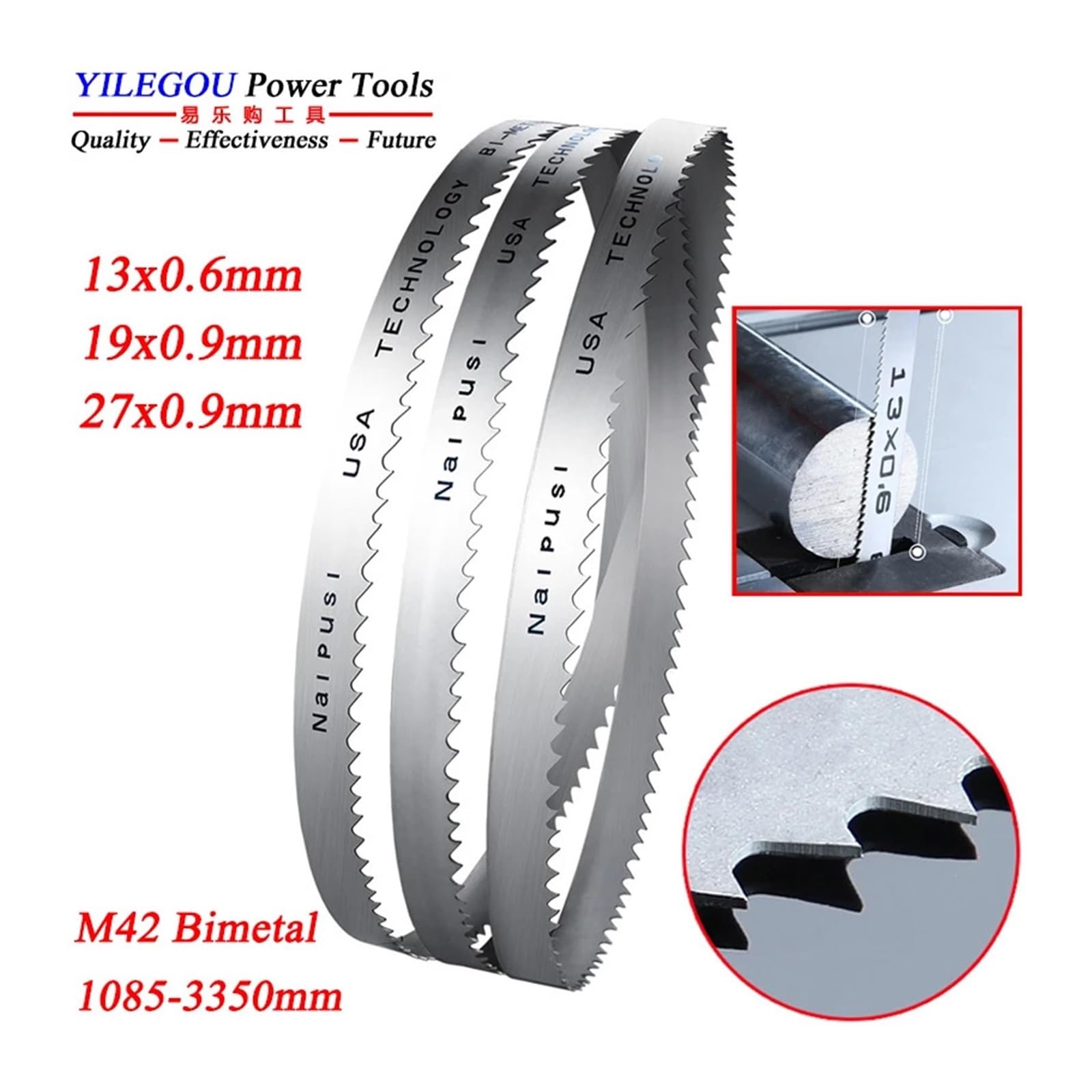 Brzeszczoty do pił taśmowych M42 20,3 cm, 25,4 cm, 35,6 cm, 40,6 cm, 1140 do 2630 mm, do cięcia twardego drewna i metalu. (13x0,6mm 14 Tpi, długość 2460 mm)