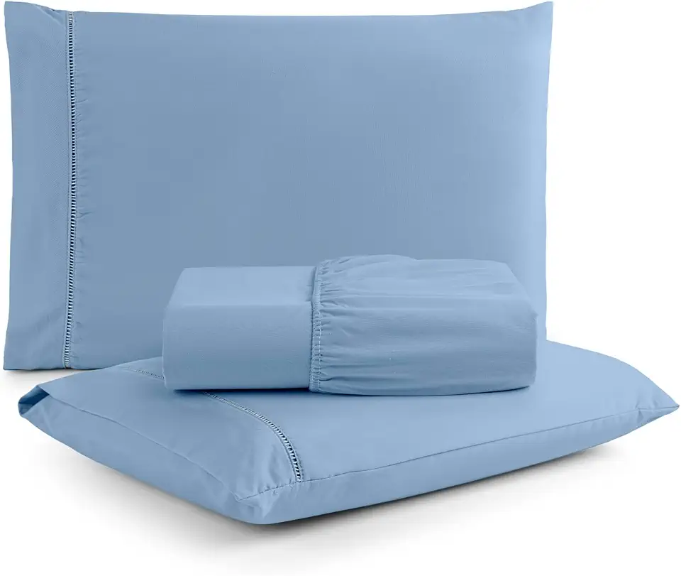 Jogo de Lençol Casal 3 Peças Percal 400 Fios com Ponto Palito | Toque de Hotel, Não Amassa e Anti Bolinha - Cor Azul