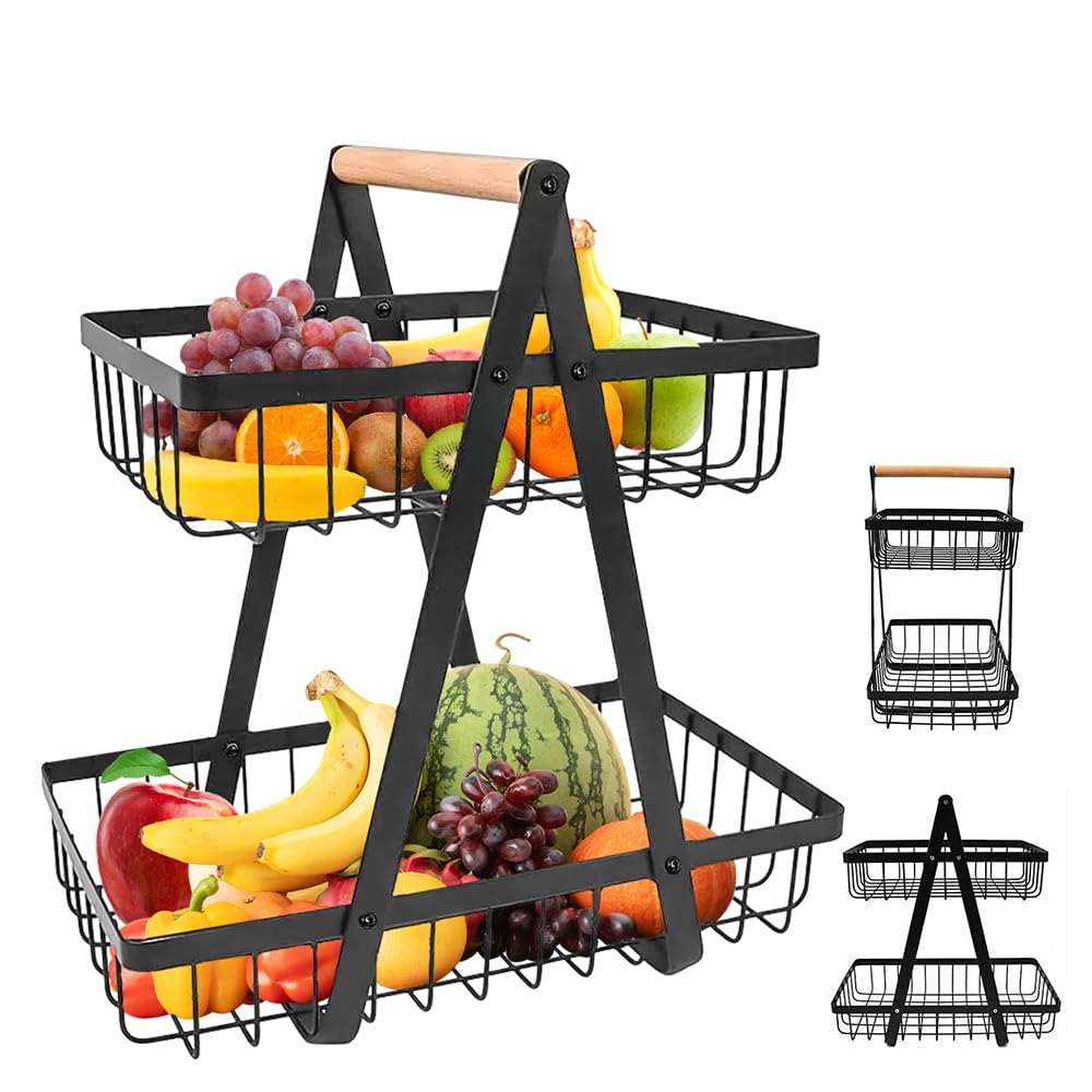 Ebilun 2 Tier Fruit Storage Basket, Countertop Kitchen Bread Vegetable Fruit Bowl Rack,Detachable Fruit Holder For Kitchen