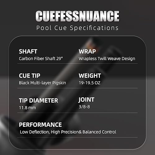 Miniatura 9 de Taco de piscina de fibra de carbono, eje de fibra de carbono 100% y extremo compuesto. Diseño cónico profesional, punta de 0.492 in, pasador de