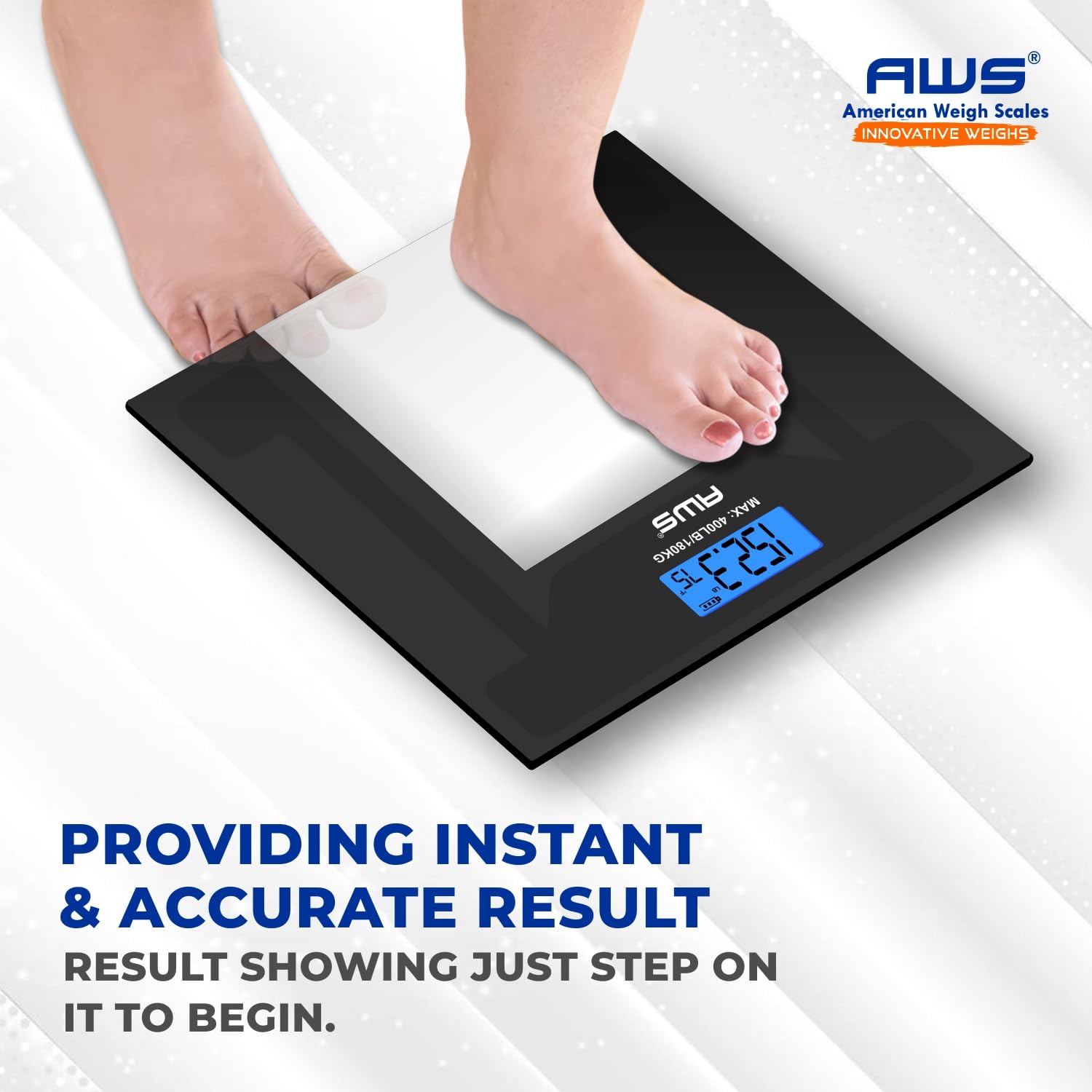 AWS - Báscula digital de baño de 400 libras de capacidad, báscula de peso corporal de vidrio templado transparente con pantalla grande, diseño moderno de bajo perfil, alta precisión y tecnología de