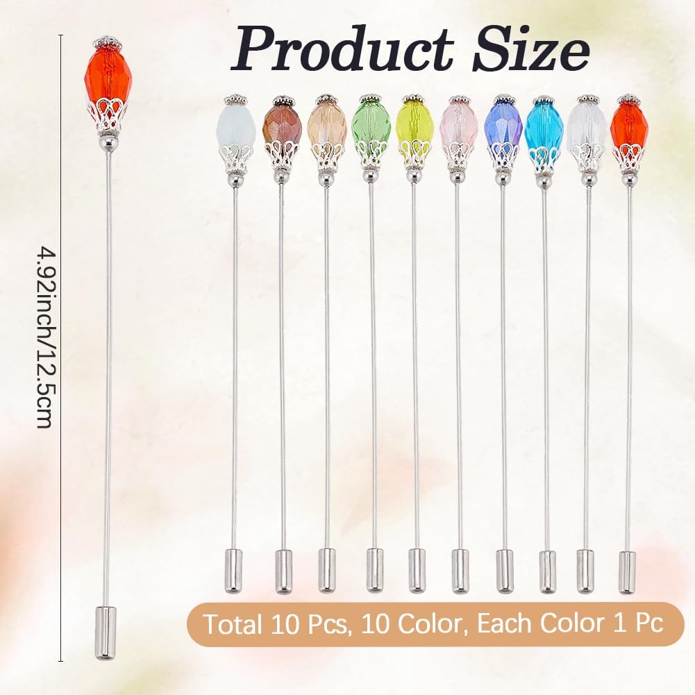 CRASPIRE 10 Colors Hat Pins Glass Beads Lapel Pin 4.8" Long Vintage Colorful Handle Stick Pin with Crystal Elegant Women Brooches for Tie Scarf Hats Suits Brooches Decorative Jewelry Making DIY Crafts
