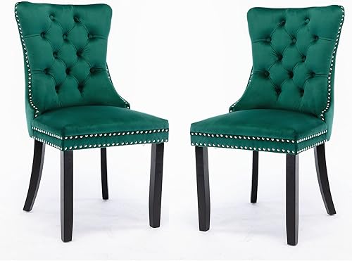 Juego de 2 sillas de comedor modernas para comedor, cocina, silla auxiliar de terciopelo con botones acolchados, asiento y respaldo (verde)