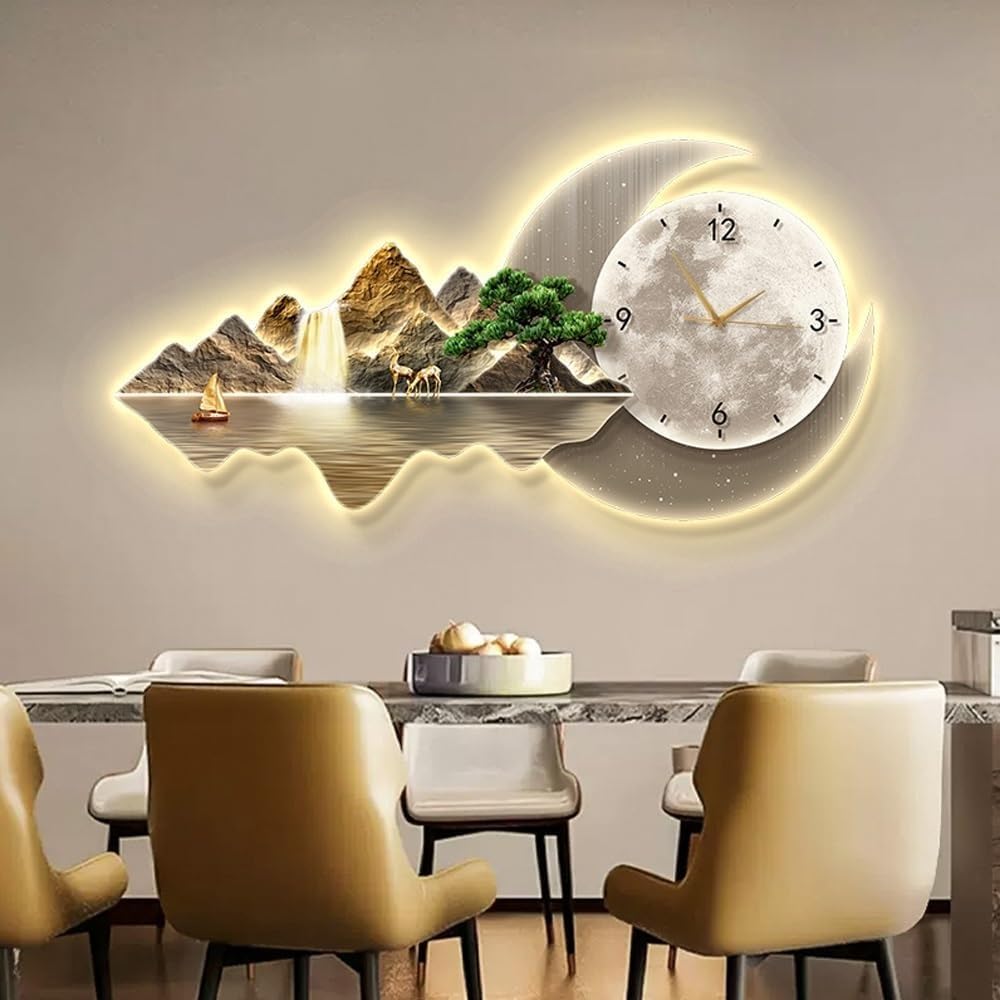 Horloge Murale LED décorative avec éclairage, Alimentation Secteur, Sculpture Murale 3D, Tableau Suspendu créatif pour Salon ou Chambre, A-31,5 * 15,7in/80 * 40cm,A-31.5 * 15.7in/80 * 40cm