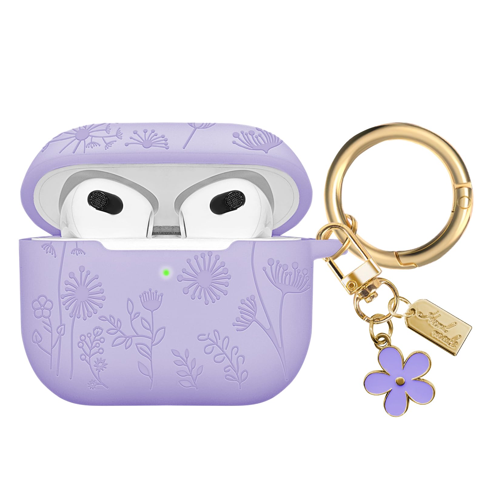Flower Engraved Case Compatible with AirPods 3 Case Cover 2021, Soft Silicone Case for AirPods 3rd Generation Case with Cute Flower Keychain and Carabiner for Girls Women (Lavender Purple)