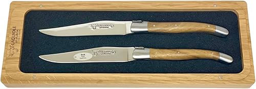 Laguiole en Aubrac L uxury: cuchillos para carne de acero inoxidable totalmente forjados, 2 piezas, asas de madera de teca, refuerzos de acero