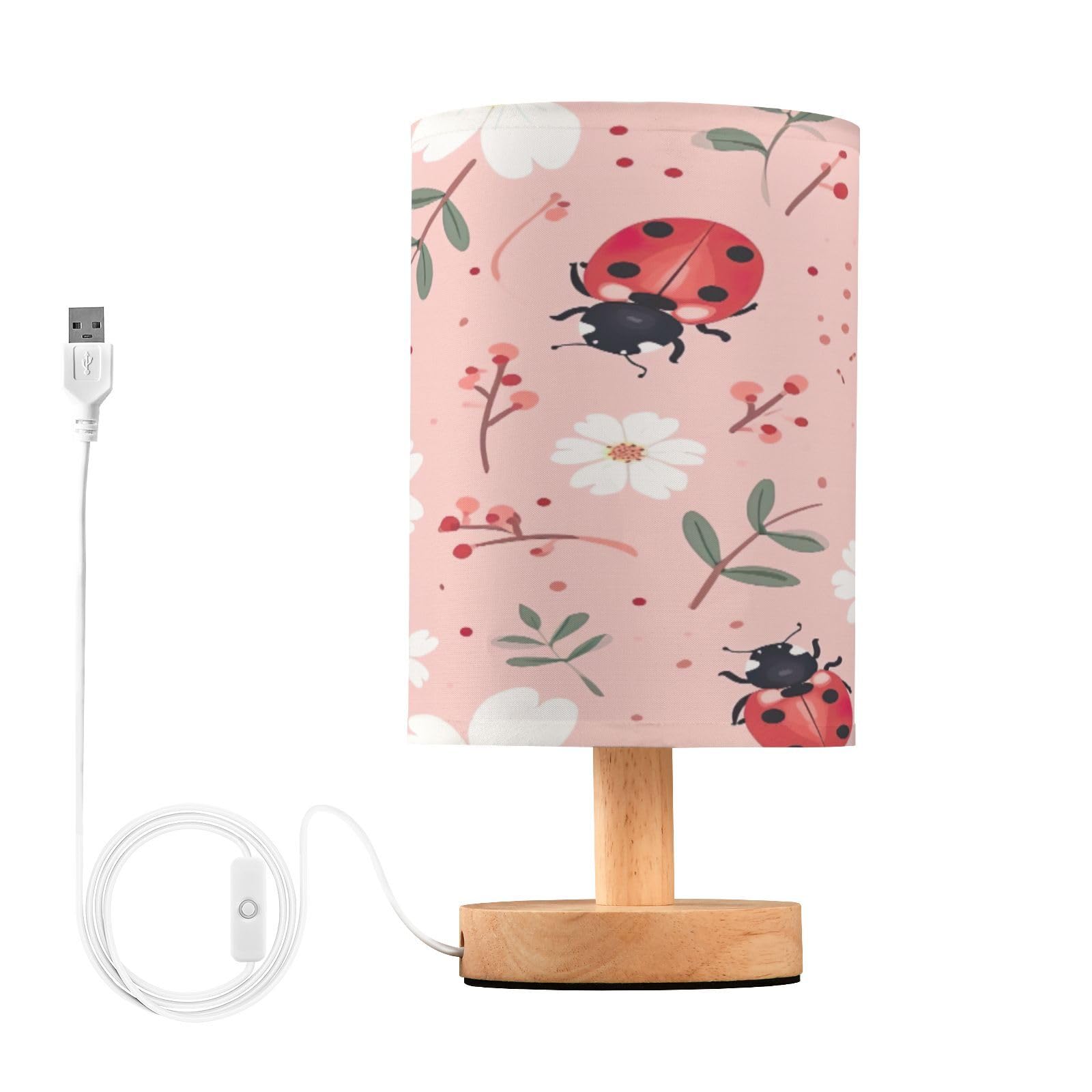 SDMKA Lady Bugs on Pink Bedside Table Lamp for Bedroom, Minimalist Nightstand Lamp with Round Fabric Shade for Living Room, Office, No Bulb Required