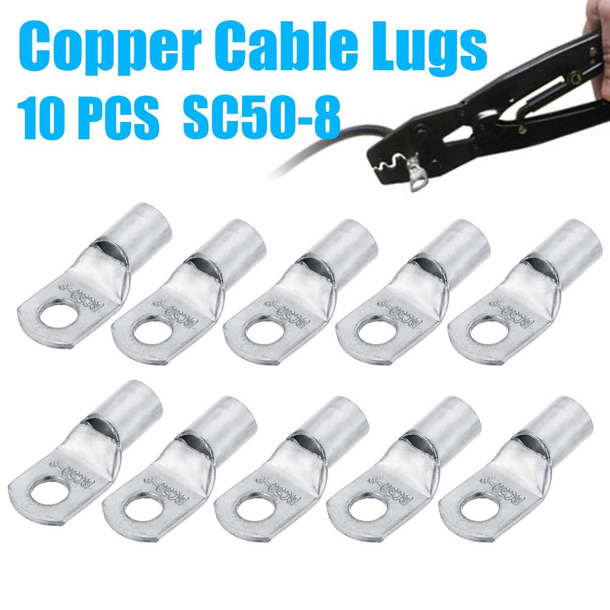 Davitu 10Pcs Cable Lugs Set Terminal SC50-8 Silver Copper Connector for Electrical Battery Welding Wire Terminal 1/0 AWG Hole 8mm