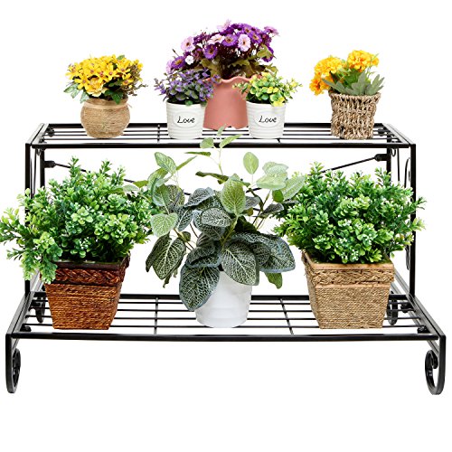 Mygift 2 Tiered Rectangular Black Metal Plant Stand Indoor Rack For Planter Pots, Display Shelf Rack With Scrollwork And Leaf Design #TOP1