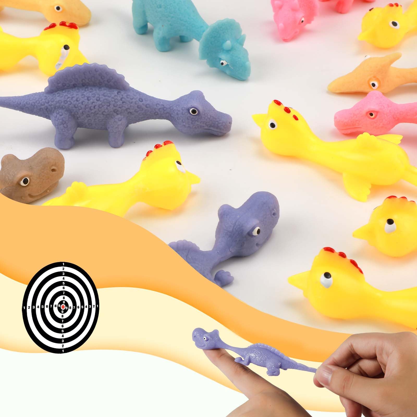 24 Sztuki Zabawek Strzelajacych Palcami, Kurczak z Miekkim Gumowym Palcem Smieszne Mini Latajace Dinozaury dla Chlopców Dziewczat Upominki na Przyjecie (Zólta Laska + Kolorowy Dinozaur)