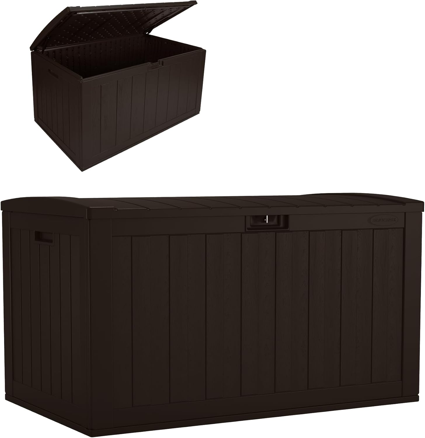 Suncast 134-Gal. Resin Extra-Large Outdoor Patio Deck Box with Pad-Lockable Lid, Modern Outdoor Patio Bench/Storage Box for Cushions, Garden Tools, and More, Java