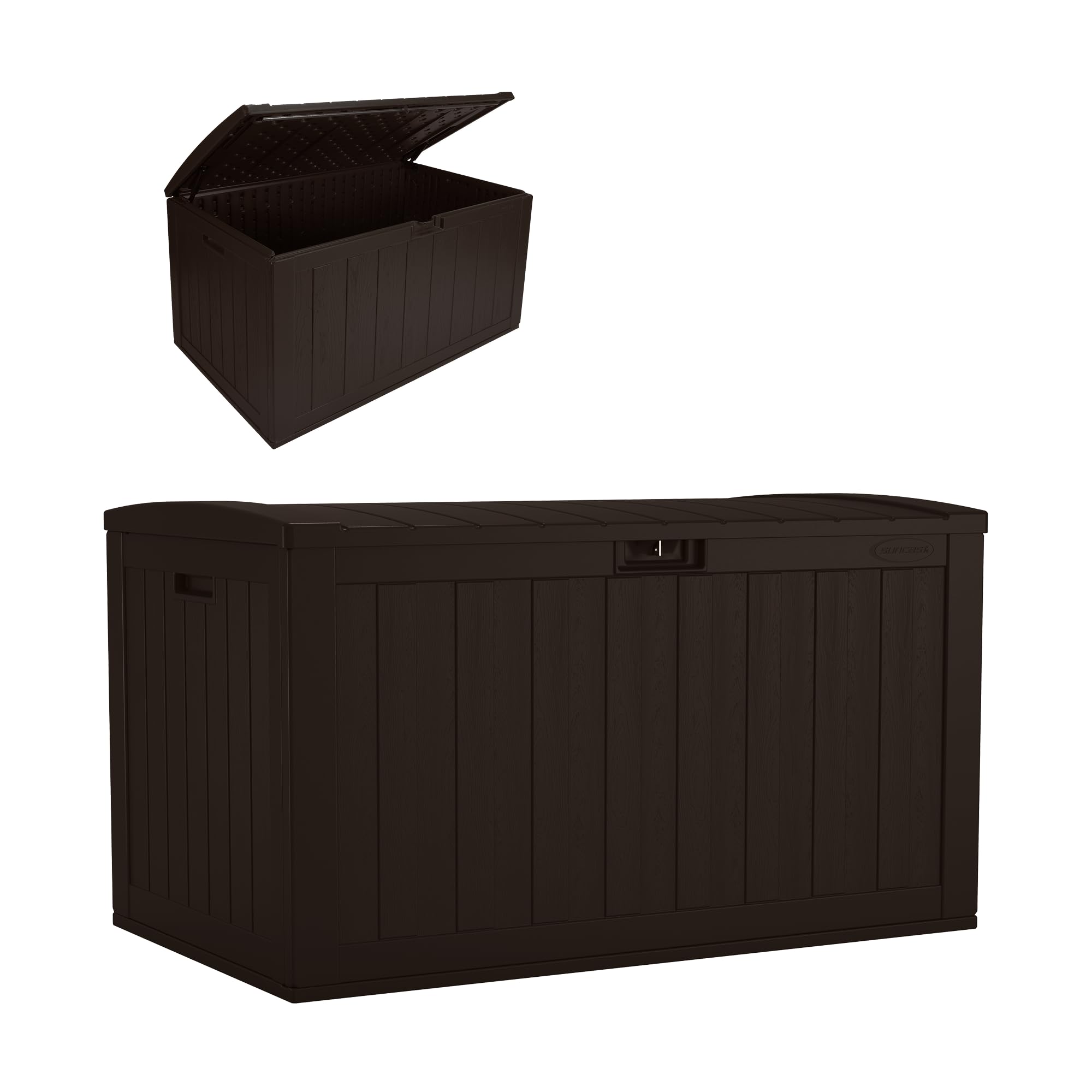 Suncast 134-Gal. Resin Extra-Large Outdoor Patio Deck Box with Pad-Lockable Lid, Modern Outdoor Patio Bench/Storage Box for Cushions, Garden Tools,