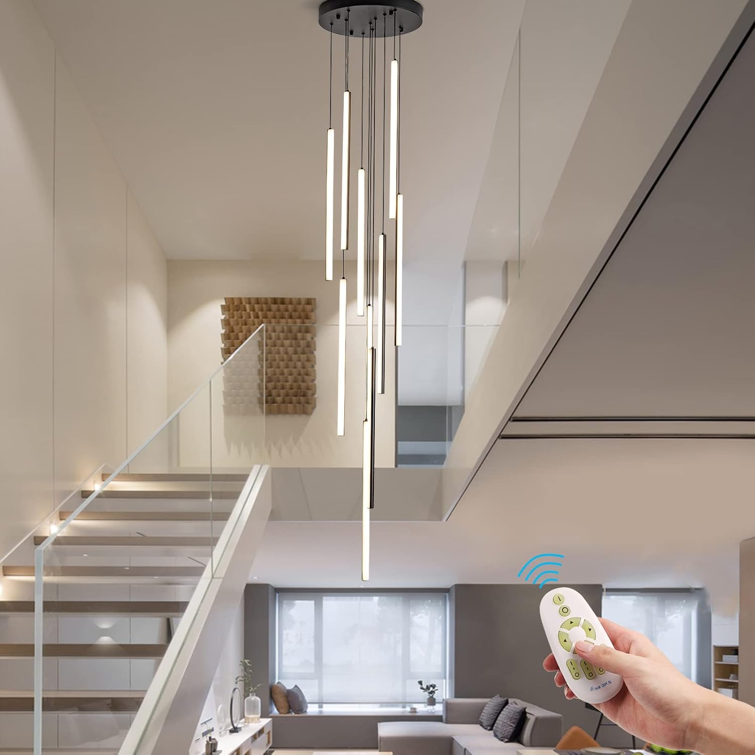 HuisMier Modern LED Chandelier, 10 Lights Black Dimmable Linear Pendant Light with Remote Control, High Ceiling Chandelier Adjustable Height for Staircase Living Room Hallway Foyer Black Linear Chandelier