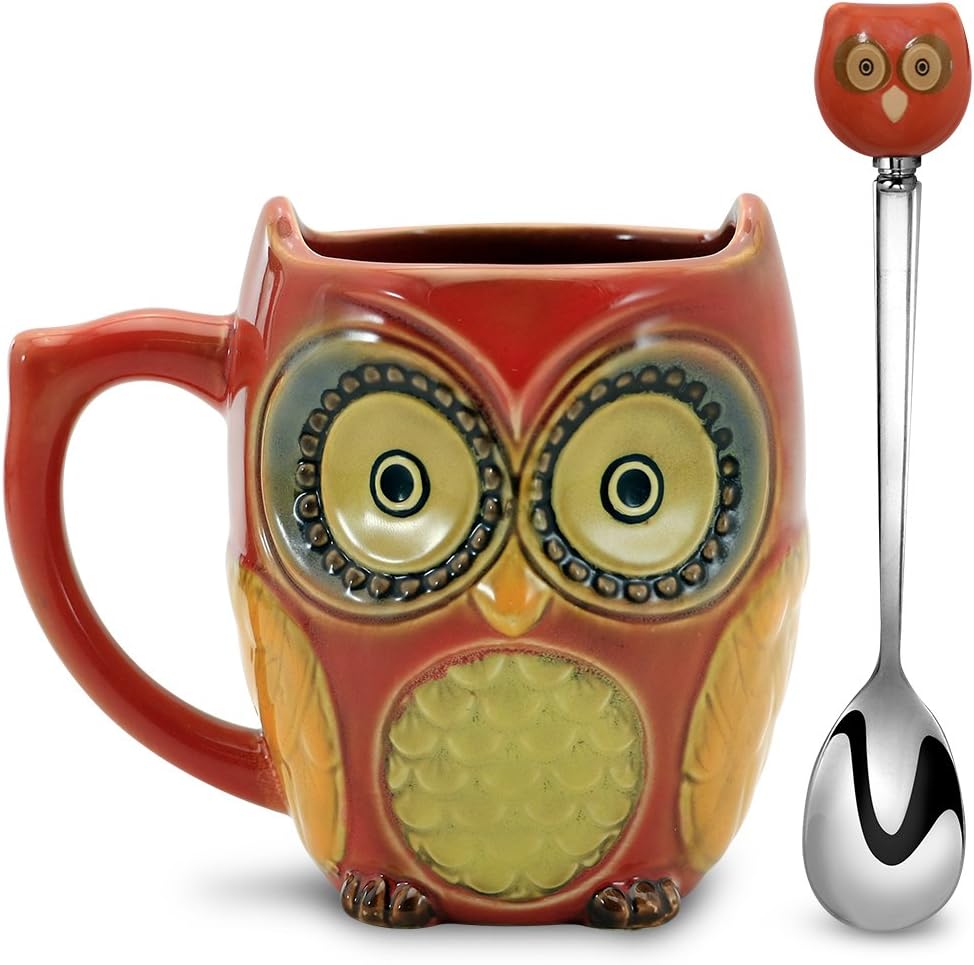3D Coffee Mug Funny Cute Owl Ceramic Cup Coffee Mug with spoon Tea Mugs Set for Women and girls 12 oz Red