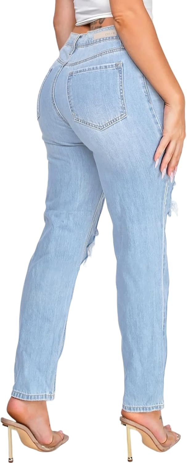 ZonJie Jeans for Women High Waist Wide Leg Distressed Raw Hem Destroyed Straight Leg Stretchy Denim Pants - Image 3