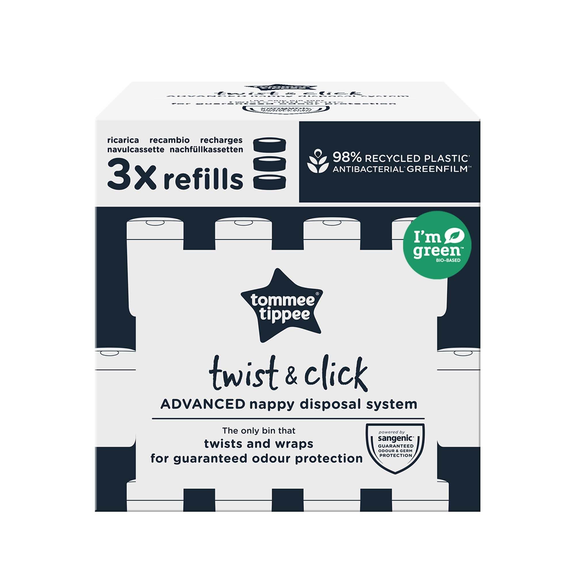 Recharges pour poubelles à couches Twist & Click de Tommee Tippee, GREENFILM antibactérien durable, pack de 3