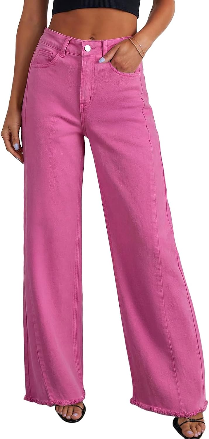 Sidefeel Women's Wide Leg Jeans High Waisted Stretchy Raw Hem Zimbaplatinum Denim Pants