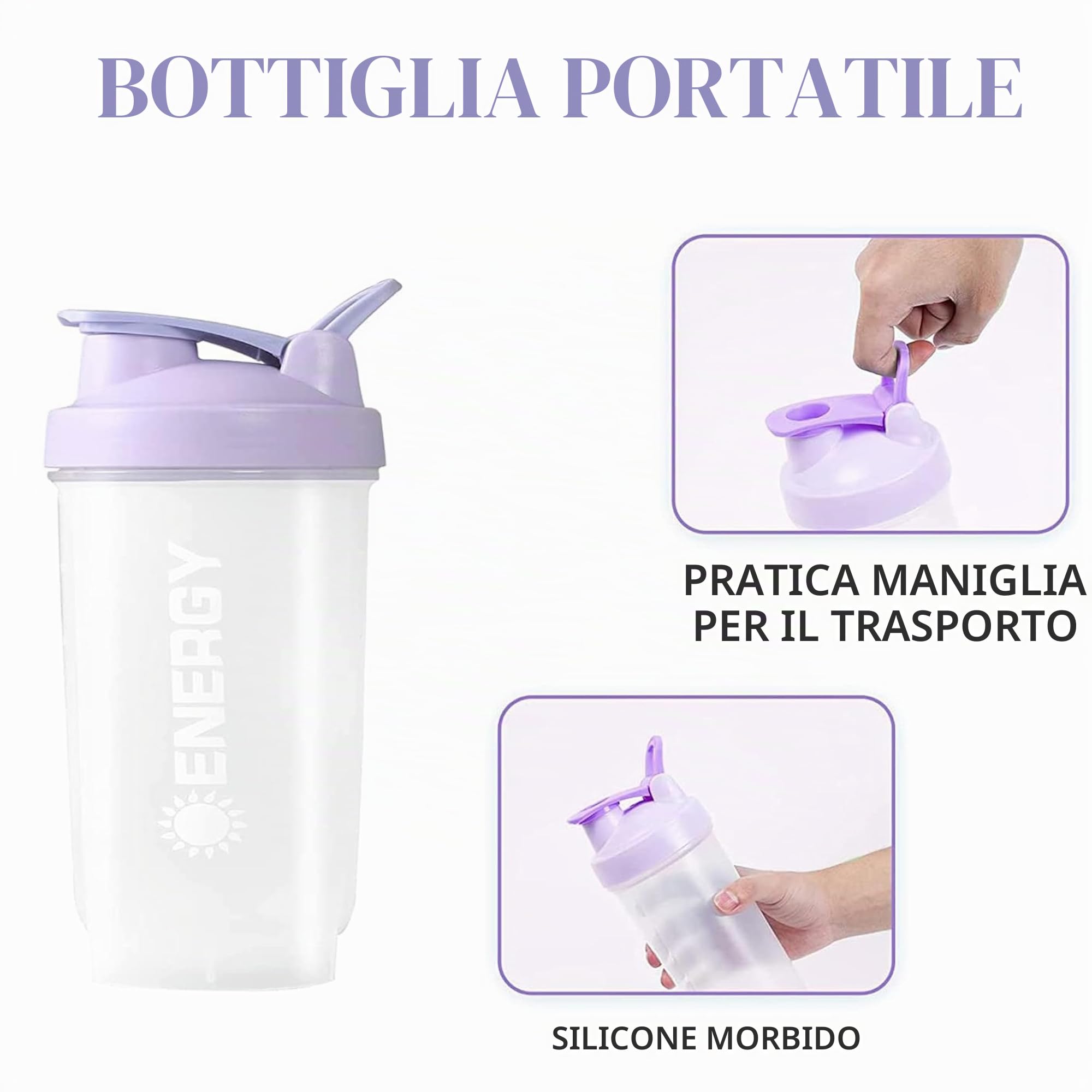 Pubiao Shaker per Proteine, Integratori Sportivi con Miscelatore per Fitness Frappè Portatile per Allenamento, 500 ml, Viola